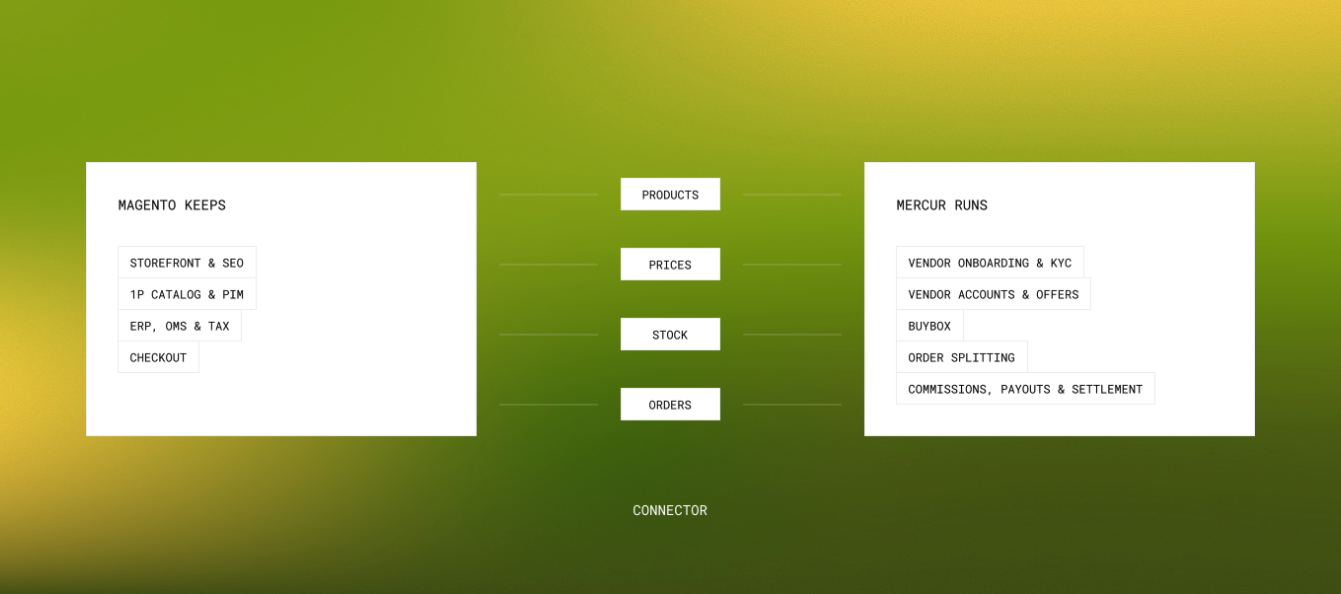 Diagram of the split between Magento and Mercur. Magento keeps the storefront and SEO, the 1P catalog and PIM, ERP, OMS and tax, and checkout. Mercur runs vendor onboarding and KYC, vendor accounts and offers, BuyBox, order splitting, and commissions, payouts and settlement. The connector carries products, prices, stock and orders between the two.