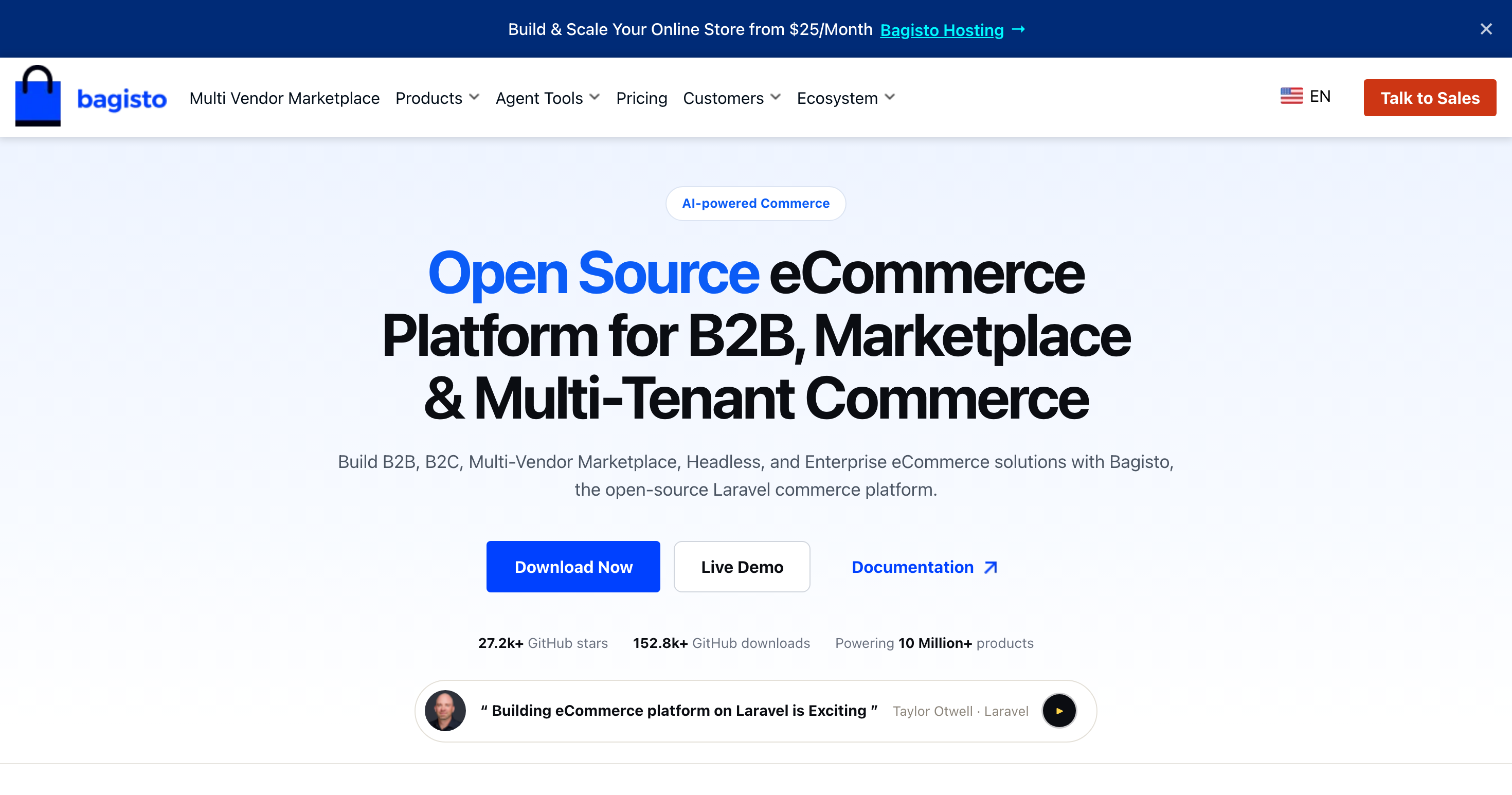 The Bagisto homepage