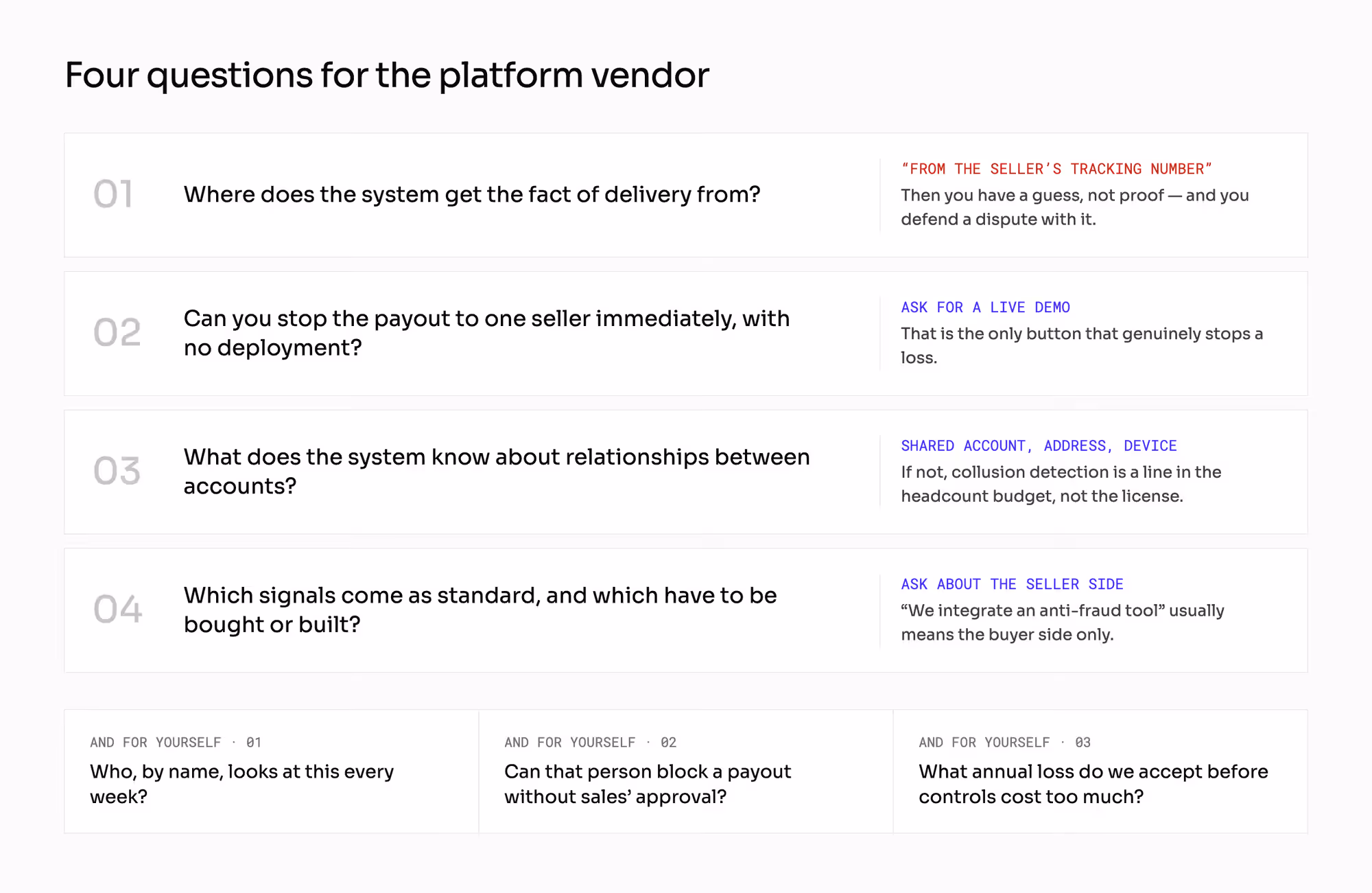 Four questions for a platform vendor and three for yourself about fraud readiness