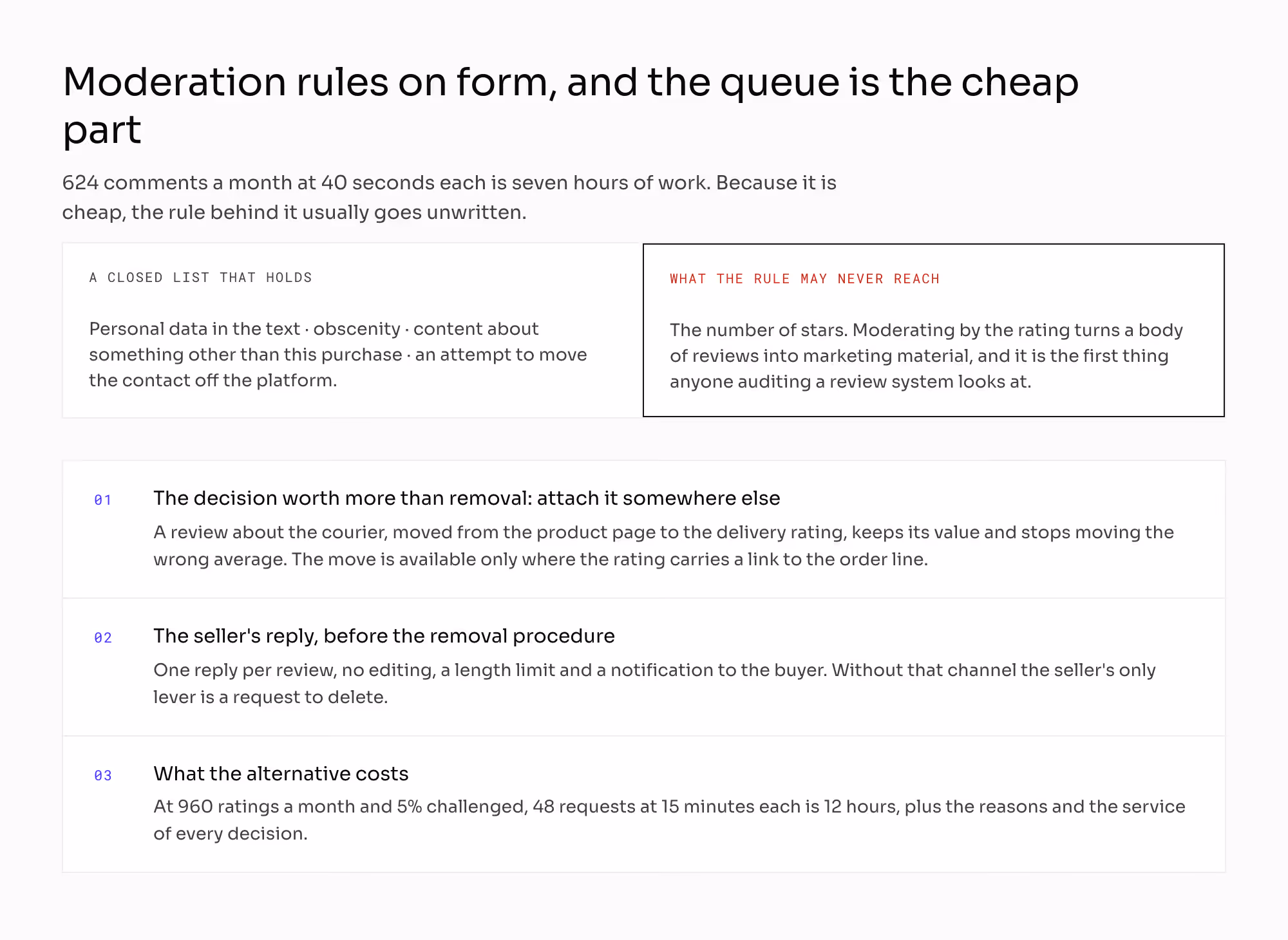 What review moderation may rule on: form only, meaning personal data, obscenity, content about another purchase and an attempt to make contact off the platform, never the number of stars, with the third action of moving a review to another object and the seller's reply costing less than 48 removal requests a month