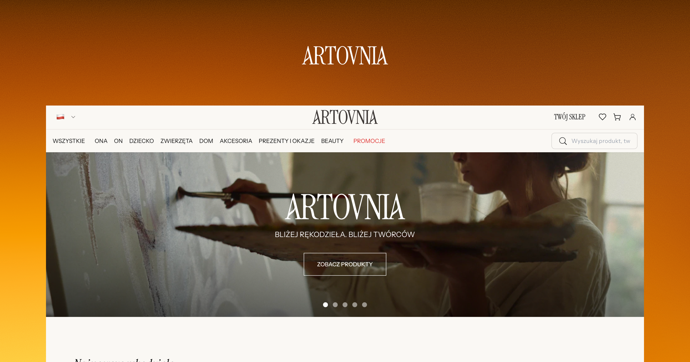 ARTOVNIA logo above the marketplace homepage, showing an artist at work and a category menu for handmade goods.