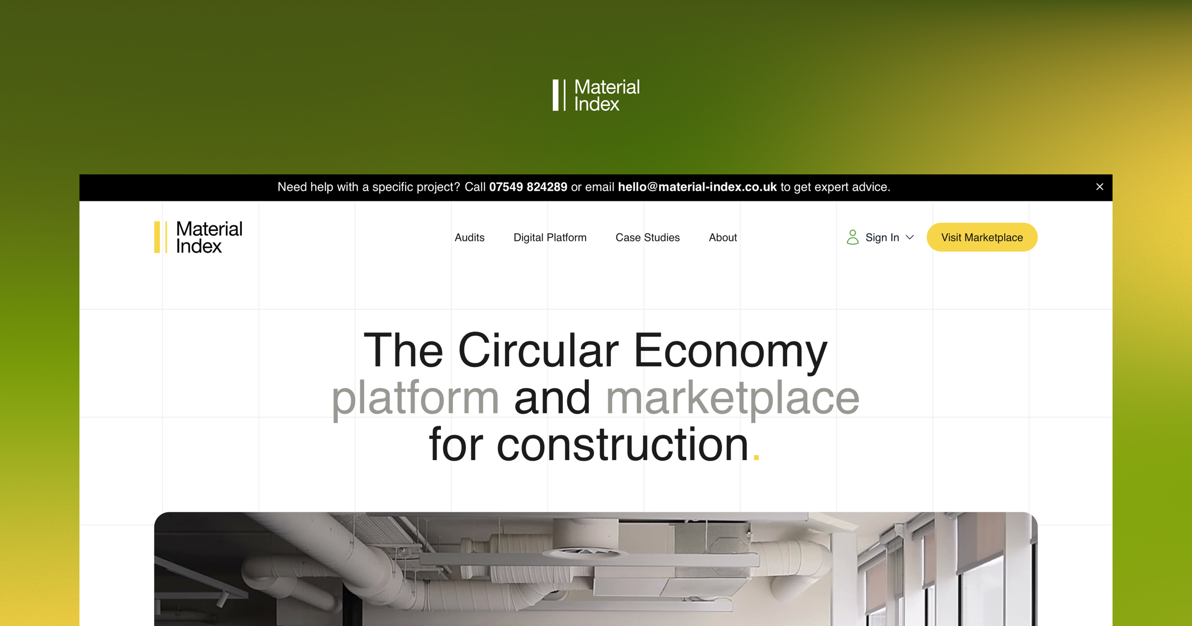 Material Index logo above the marketplace homepage, headed "The Circular Economy platform and marketplace for construction".