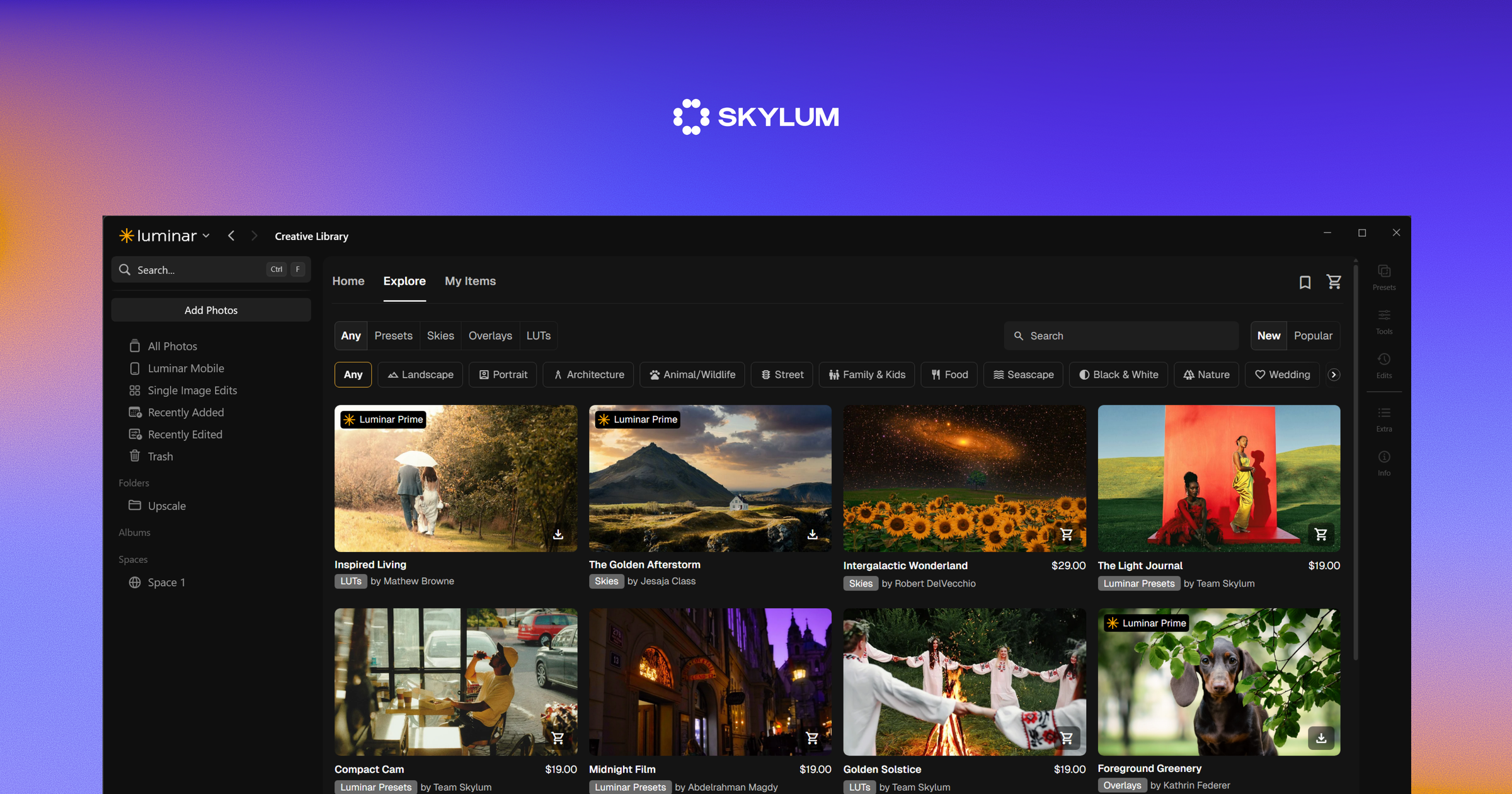 SKYLUM logo above the Luminar Creative Library window, showing a grid of photo editing presets, skies and overlays for sale.