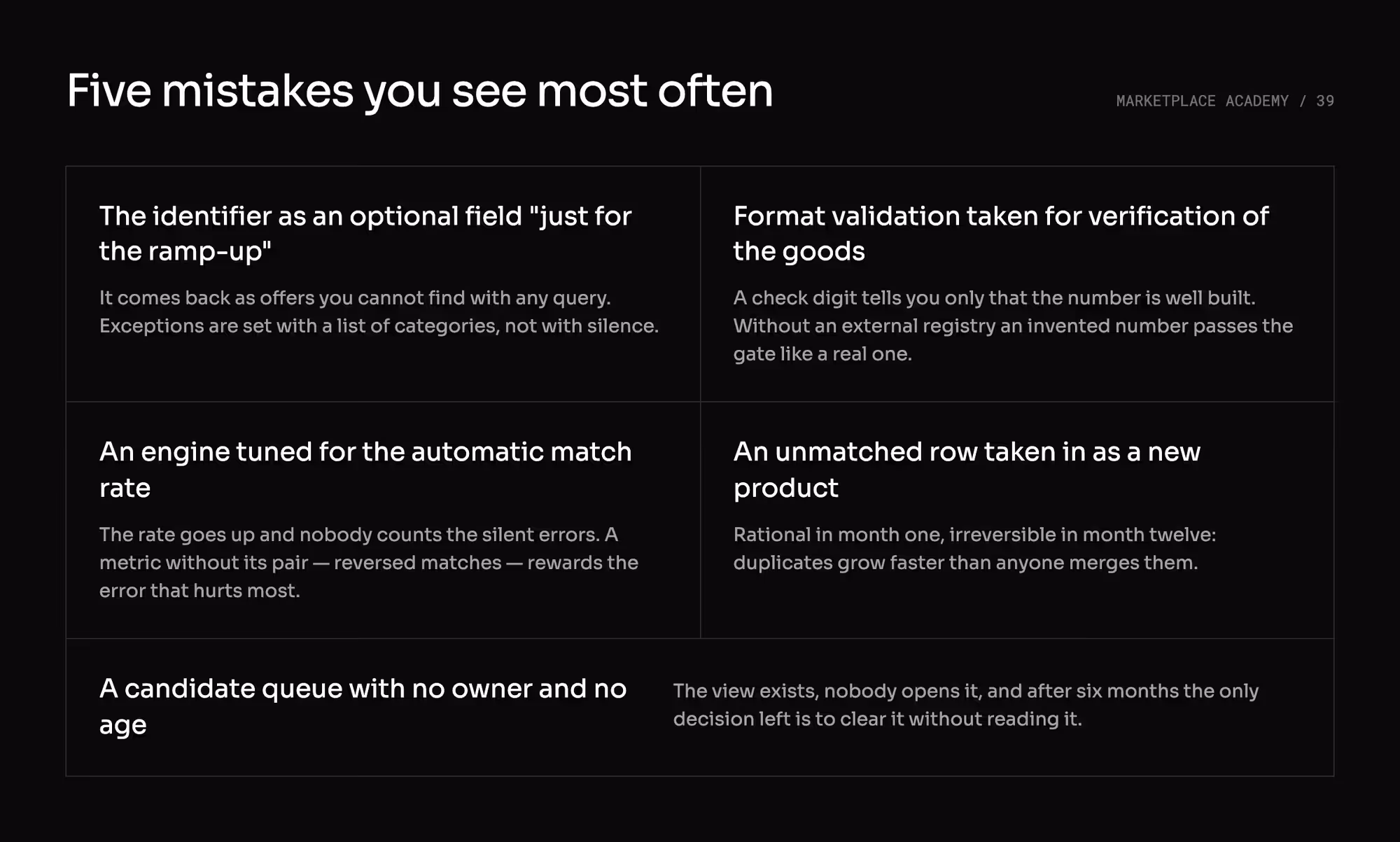 Five most common mistakes in matching offers: optional identifier, format validation taken for verification, an engine tuned for the match rate, unmatched rows as new products, a queue with no owner.