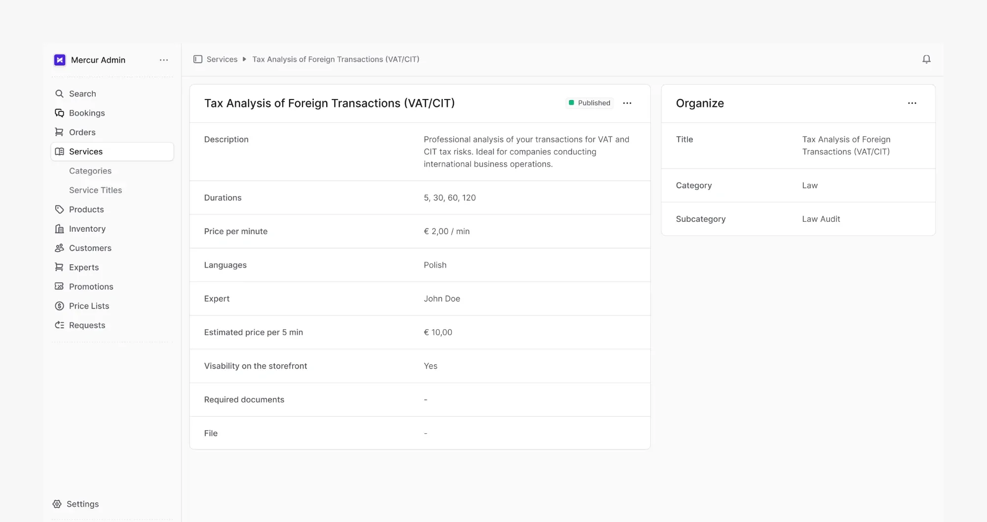 Mercur admin panel showing a consultation service with its durations and per-minute price