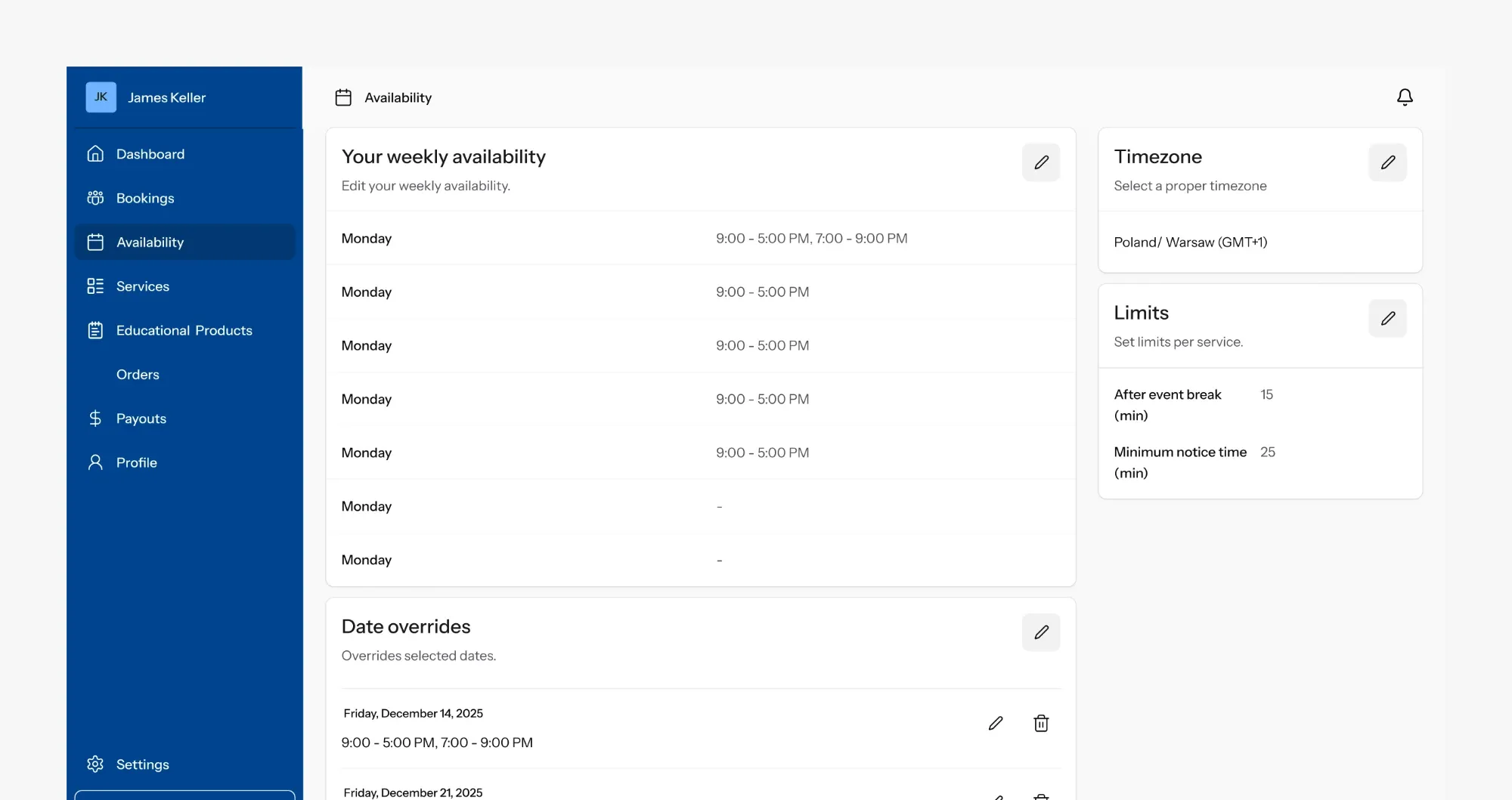 Advisor panel in Montelink with weekly availability, timezone and booking limits
