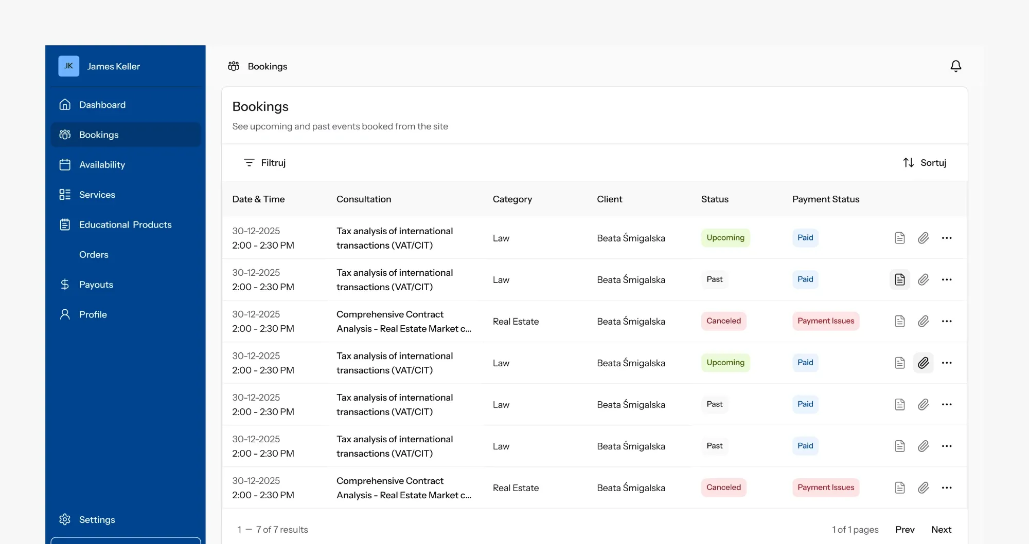 Advisor panel in Montelink listing bookings with their status and payment status