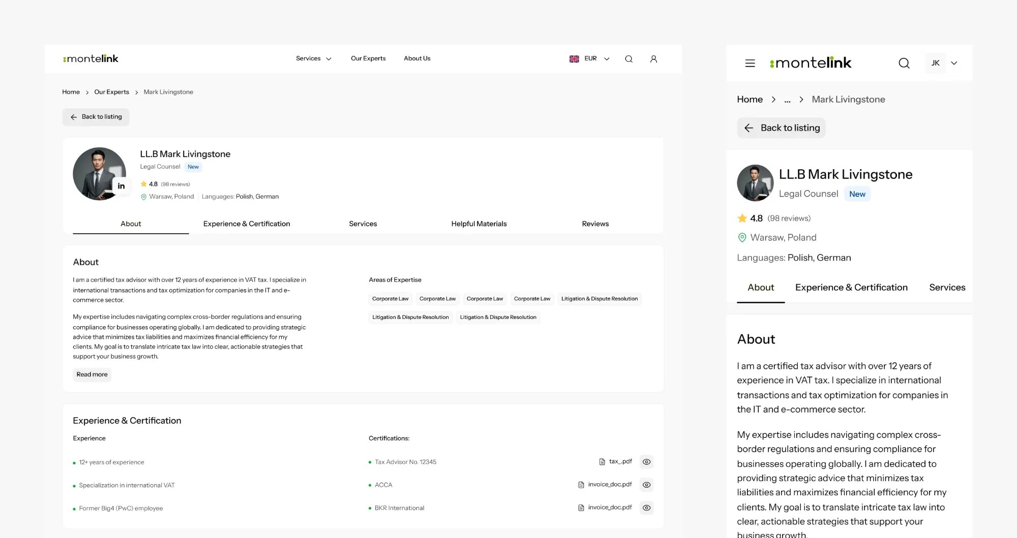 Public advisor profile on Montelink on desktop and mobile, with certifications