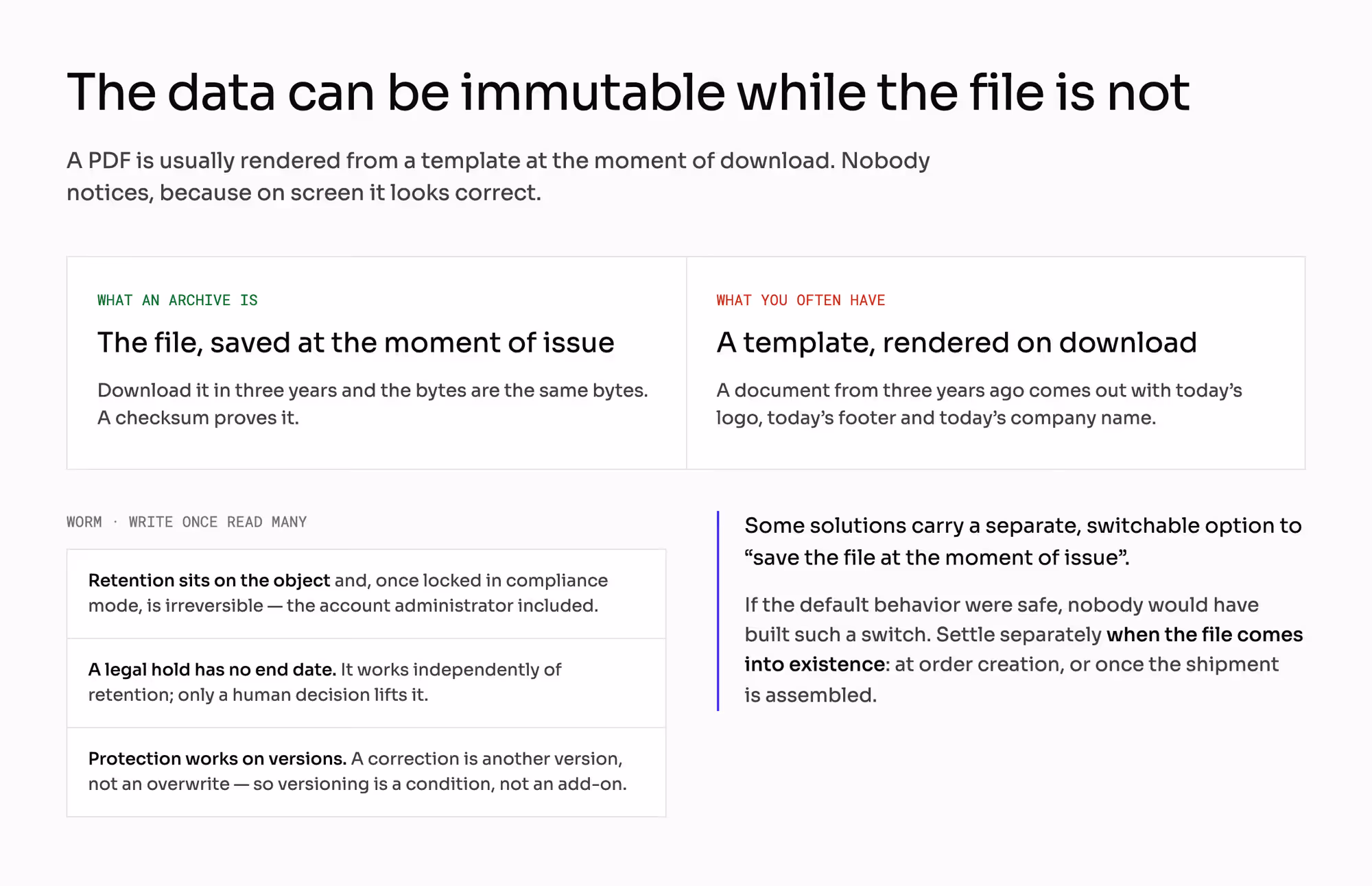 An archive is the file saved at the moment of issue; a template rendered on download is not. Three WORM properties.