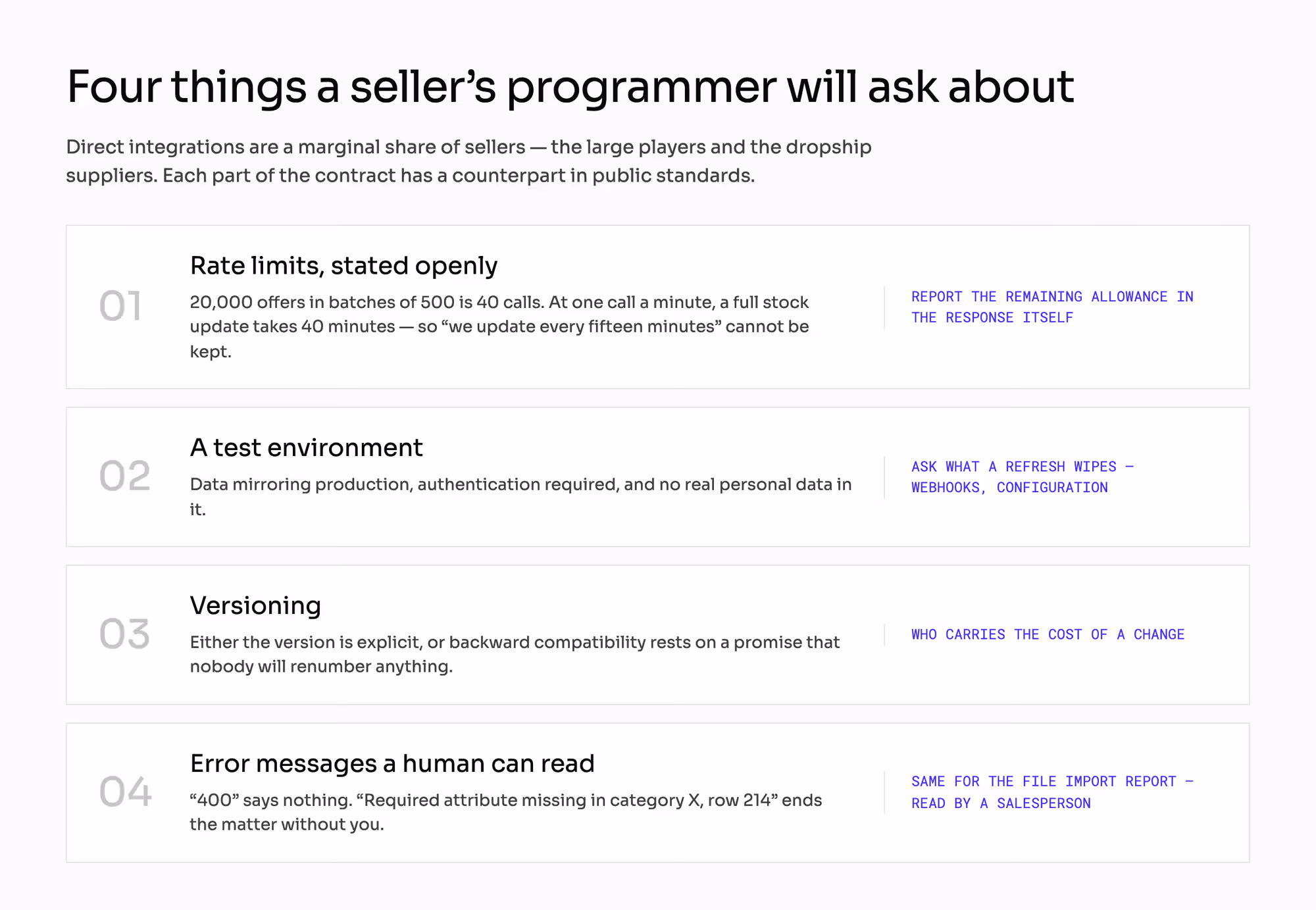 Four numbered rows: rate limits, a test environment, versioning, and human-readable error messages, each with what to ask for.