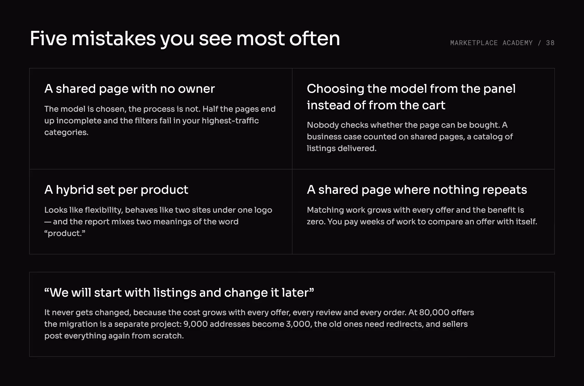The five most common mistakes in choosing a catalog model, on a black background, from a shared page with no owner to starting with listings and planning to change it later