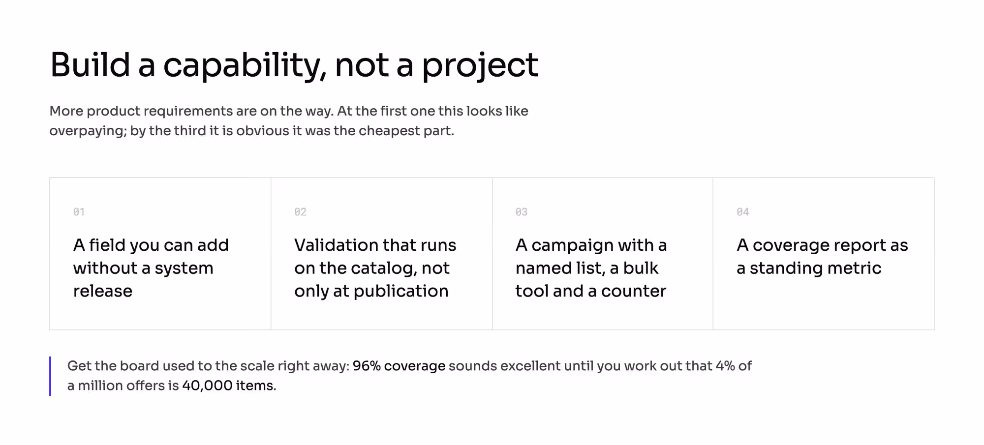 The four reusable parts of a compliance capability: a field you can add without a system release, validation that runs on the catalog and not only at publication, a campaign with a named list and a counter, and a coverage report kept as a standing metric